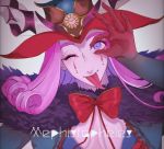  1boy bishounen blue_eyes blue_lipstick blush bow bowtie cape center_opening character_name clown commentary_request curly_hair eyelashes fate/grand_order fate_(series) fur-trimmed_cape fur_collar fur_trim hat headpiece highres horns lipstick makeup male_focus medium_hair mephistopheles_(fate/grand_order) multicolored multicolored_eyes ok_sign one_eye_closed pectorals pikopikopi_01 purple_cape purple_eyes purple_hair smile teardrop thick_eyebrows tongue tongue_out unzipped white_background white_skin 