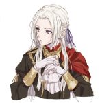  1girl edelgard_von_hresvelg fire_emblem fire_emblem:_three_houses garreg_mach_monastery_uniform gloves hair_ribbon long_hair long_sleeves parted_lips purple_eyes ribbon sen&#039;yuu_yuuji simple_background solo uniform upper_body white_background white_gloves white_hair 