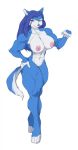  abs anthro audunor blue_body blue_hair canid canine canis female hair hand_on_hip hi_res hopey mammal muscular muscular_female nude one_eye_closed pose simple_background solo white_background wink wolf 