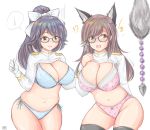  2girls absurdres anal_beads atago_(azur_lane) azur_lane black_hair black_legwear blush bow breasts brown_hair butt_plug cleavage fake_tail fat glasses gloves hair_bow highres large_breasts long_hair multiple_girls open_mouth panties side-tie_panties tail takao_(azur_lane) thighhighs tong_shui underwear white_bow white_gloves yellow_eyes 