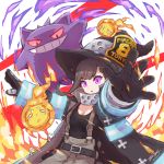  1girl :o bangs belt black_belt black_hair black_tank_top breasts cleavage commentary_request crossover en&#039;en_no_shouboutai eyebrows_visible_through_hair eyelashes fire gen_1_pokemon gengar hat highres long_hair maki_oze open_mouth outstretched_arms pokemon pokemon_(creature) purple_eyes suspenders tank_top zeni_maru 