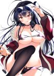  1girl :q absurdres ahoge azur_lane bare_shoulders bikini black_bikini black_choker black_hair black_legwear breasts choker cleavage collarbone eyewear_on_head halterneck hand_up highres jacket knee_up large_breasts long_hair long_sleeves looking_at_viewer micro_bikini nenobi_(nenorium) off_shoulder one_side_up open_clothes open_jacket race_queen red_eyes red_jacket smile solo spaghetti_strap stomach strap_pull string_bikini sunglasses swimsuit taihou_(azur_lane) taihou_(enraptured_companion)_(azur_lane) thighhighs tongue tongue_out 