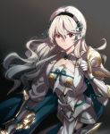  1girl armor black_hairband closed_mouth corrin_(fire_emblem) corrin_(fire_emblem)_(female) fire_emblem fire_emblem_fates hairband long_hair misu_kasumi pointy_ears red_eyes simple_background solo upper_body white_hair 