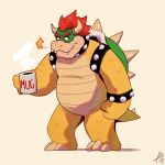  1:1 anthro beverage borkthunder bowser bracelet coffee coffee_cup coffee_mug collar eyebrows fire hair hi_res horn jewelry koopa looking_at_viewer male mario_bros nintendo red_hair reptile scalie solo spiked_bracelet spiked_collar spikes teeth thick_eyebrows video_games 