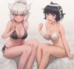  2girls :d absurdres angel azazel_(helltaker) bare_arms bare_shoulders bed_sheet bikini black_bikini black_hair blue_eyes breasts cleavage closed_mouth collarbone demon_horns frown hair_ribbon halo halter_top halterneck helltaker highres horns large_breasts long_hair looking_at_viewer lucifer_(helltaker) multiple_girls navel open_mouth ponytail red_eyes ribbon short_hair side-tie_bikini simple_background sitting smile stomach string_bikini swimsuit thighs v-shaped_eyebrows white_background white_bikini white_hair yohan1754 