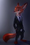  2020 anthro barefoot belt black_nose bottomwear canid canine cheek_tuft clothing disney facial_tuft fox green_eyes half-closed_eyes hi_res inner_ear_fluff light lighting male mammal narrowed_eyes neck_tuft necktie nick_wilde pants red_fox relaxable relaxablefur signature simple_background solo standing suit tuft zootopia 