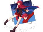  1girl bangs black_shirt blue_bow bow cape cloak disembodied_head floating_head full_body hair_bow hasmi headless high_collar long_sleeves miniskirt pointing red_cape red_cloak red_eyes red_hair red_skirt sekibanki shirt short_hair skirt touhou 