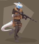  anthro blue_body camo clothing dark_clothing digitigrade fur gradient_fur gun hair invalid_tag lunalei magazine_(gun) male pouches ranged_weapon rifle sergal shadow simple_background solo stripes tail_tuft topwear tuft vest weapon white_body 