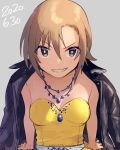  1girl black_jacket breasts brown_hair dated dress happy_birthday idolmaster idolmaster_cinderella_girls jacket jacket_on_shoulders jewelry necklace perky_breasts simple_background sitting small_breasts tada_riina toyoyoyo628 yellow_dress 