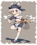 1girl :p animal_ear_fluff animal_ears arm_behind_back arm_warmers bandaged_leg bandages bandana bare_shoulders belt bike_shorts blush border brown_background commentary dog_ears dog_girl dog_tail english_commentary flat_chest flats fundoshi grey_background grey_footwear grey_hair holding japanese_clothes looking_to_the_side midriff multicolored multicolored_background navel om_(nk2007) original raised_eyebrow red_eyes ribs short_hair smoke solo sparks standing standing_on_one_leg swinging tail tight tongue tongue_out two-tone_background utility_belt weapon_request white_border white_neckwear x 