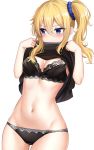  1girl black_bra black_panties black_shirt blonde_hair blue_eyes bow bow_bra bra breasts cleavage covered_mouth cowboy_shot dot_nose groin hair_between_eyes hair_ornament hair_scrunchie hands_up hayasaka_ai highres kaguya-sama_wa_kokurasetai_~tensai-tachi_no_renai_zunousen~ lingerie long_sleeves looking_away looking_to_the_side medium_breasts navel no_pants panties scrunchie shirt shirt_lift side_ponytail sidelocks simple_background solo standing stomach sunhyun thighs underwear white_background 