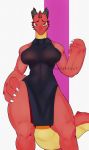  abs anthro big_breasts big_hands blush breasts claws clothing dress female goonie-san hand_on_hip hi_res kobold looking_at_viewer muscular muscular_female red_body red_eyes scalie solo thick_thighs translucent translucent_clothing wide_hips 
