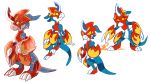  2020 anthro armor black_sclera blue_body claws clothing digimon digimon_(species) fangs flamedramon hi_res horn male markings nicogotchi_(artist) pawpads red_armor reptile scalie sitting smile standing toe_claws white_body white_claws yellow_eyes yellow_markings 