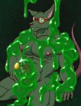  5_fingers abs anthro athletic balls bandage biceps black_nose blush bodily_fluids buckteeth clenched_teeth covered_in_goo croiyan cum cum_in_goo duo ejaculation erection eyewear fingers fur genital_fluids genitals glans goggles goo_(disambiguation) green_background green_balls green_body green_eyes green_fur green_goo green_slime hi_res humanoid_genitalia humanoid_penis interspecies league_of_legends long_tail male mammal messy murid murine muscular muscular_anthro muscular_male narrowed_eyes nipples nude orgasm pecs penis pink_ears rat rat_tail red_penis riot_games rodent simple_background sitting slime spreading teeth twitch_(lol) video_games yellow_eyes zac_(lol) 