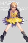  1girl absurdres black_footwear black_jacket boots brown_hair dress happy_birthday highres idolmaster idolmaster_cinderella_girls jacket jacket_on_shoulders jewelry necklace simple_background sitting solo tada_riina toyoyoyo628 yellow_dress 