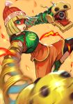  1girl arms_(game) bangs beanie blonde_hair blunt_bangs breasts chinese_clothes commentary cowboy_shot domino_mask dragon_(arms) fire glint green_eyes green_footwear green_shirt hankuri hat looking_at_viewer mask medium_breasts megawatt_(arms) min_min_(arms) motion_blur open_mouth orange_background orange_shorts red_headwear shirt shoes short_hair shorts simple_background solo super_smash_bros. thick_eyebrows 