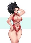  1girl abs black_eyes black_hair blush boku_no_hero_academia breasts center_opening cleavage cowboy_shot curvy hair_pulled_back hand_on_hip highres kelvin_hiu large_breasts leotard navel no_bra red_leotard revealing_clothes solo standing sweatdrop thick_thighs thighs yaoyorozu_momo 