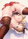  1girl atelier_(series) atelier_ryza boots breast_squeeze breast_sucking breasts brown_eyes brown_gloves brown_hair brown_legwear cum gloves hair_ornament hairclip highres lactation large_breasts looking_at_viewer masturbation momoi_komomo pussy red_shorts reisalin_stout self_breast_sucking self_fondle shiny shiny_skin short_hair short_shorts shorts single_glove solo spread_legs thigh_boots thighhighs thighs trembling unaligned_breasts upside-down white_headwear 