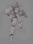 bullpup clenched_hand grey_background greyscale gun gundam holding holding_gun holding_weapon joints kelvin_hiu mecha mobile_suit_gundam monochrome no_humans red_eyes shield shoulder_armor solo spikes spot_color weapon zaku 