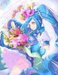  1girl absurdres back_bow blue_bow blue_eyes blue_hair blue_neckwear blue_skirt blue_vest bouquet bow choker cowboy_shot cure_fontaine fish flower frills gloves hair_flower hair_ornament healin&#039;_good_precure highres long_hair looking_away magical_girl ponytail precure red_flower red_rose rose sawaizumi_chiyu shiny shiny_hair skirt smile solo vest white_gloves yuutarou_(fukiiincho) 