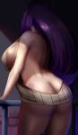  1girl absurdres ass back back_tattoo breasts butt_crack doki_doki_literature_club eyes facing_away highres large_breasts long_hair meme_attire on_railing purple_hair railing ribbed_sweater sana!rpg shadow shiny shiny_skin sideboob sweater tattoo thick_thighs thighs virgin_killer_sweater white_sweater yuri_(doki_doki_literature_club) 