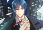  1boy black_suit blue_hair blurry blurry_background formal glasses hand_up holding_hand izumi_(stardustalone) jacket_on_shoulders looking_at_viewer male_focus night outdoors paper purple_eyes student_solver suit upper_body usb 