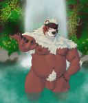  2020 absurd_res anthro balls belly darkbearcave detailed_background flaccid genitals hi_res humanoid_genitalia humanoid_hands humanoid_penis kemono kimun_kamui_(tas) male mammal moobs navel nipples outside overweight overweight_male penis pubes solo tokyo_afterschool_summoners ursid video_games water 
