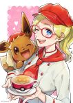  1girl ;d absurdres artist_name blonde_hair blue_eyes blush buttons character_request commentary_request cup eevee eyelashes gen_1_pokemon glasses hat heart highres holding_saucer long_hair looking_at_viewer one_eye_closed open_mouth piroshiki123 pokemon pokemon_(creature) pokemon_(game) pokemon_cafe_mix pokemon_on_arm red-framed_eyewear red_headwear saucer smile teacup teeth tongue watermark 
