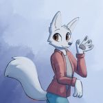  1:1 2020 anthro brown_eyes canid canine cheek_tuft clothed clothing enginetrap facial_tuft fox fully_clothed fur gesture head_tuft hi_res light lighting looking_at_viewer mammal pawpads signature simple_background smile solo tuft waving white_body white_fur 