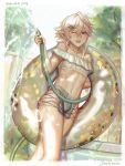  1boy :d abs blonde_hair bulge collarbone corrin_(fire_emblem) corrin_(fire_emblem)_(male) crossdressing fence fire_emblem fire_emblem_fates fire_emblem_heroes highres hose inflatable_toy navel one_eye_closed open_mouth outdoors red_eyes samsara_(shuukeura) shorts skindentation smile tree walking water 