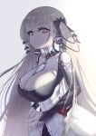  1girl azur_lane breasts bridal_gauntlets cleavage dress eyebrows_visible_through_hair fingers_together formidable_(azur_lane) frilled_dress frills highres large_breasts long_hair looking_at_viewer own_hands_together pale_skin platinum_blonde_hair puk red_eyes sidelighting slender_waist solo steepled_fingers twintails two-tone_dress two-tone_ribbon very_long_hair 