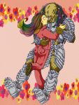  alexa_woods armor blush breasts brown_body brown_hair butt claws clothed clothing duo eyes_closed fangs female hair human humanoid kein_avp love male male/female mammal multicolored_hair open_mouth predator_(franchise) rainbow_hair romantic_ambiance romantic_couple scar_(predator) simple_background yautja 
