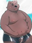  2020 3:4 anthro belly blush brown_body brown_fur bulge clothing fur humanoid_hands kemono male mammal menmen_kesinn moobs navel nipples one_eye_closed outside overweight overweight_male solo swimwear tongue tongue_out ursid water wink 