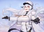  1girl azur_lane bangs belt black_gloves blush breasts cleavage coat coat_dress crossed_bangs fur-trimmed_coat fur_trim gangut_(azur_lane) gloves hair_between_eyes hat large_breasts long_hair looking_at_viewer military_hat mole mole_under_eye open_mouth partly_fingerless_gloves red_eyes silver_hair solo unsomnus white_coat white_uniform 