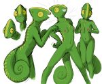  2020 absurd_res anthro breast_squish breasts chameleon female genitals green_body grin hi_res lizard looking_at_viewer non-mammal_breasts nude nudist_chammie_gf pussy reptile scalie smile solo squish standing the-minuscule-task 