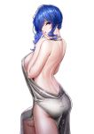  1girl absurdres ass azur_lane back backless_dress backless_outfit bangs bare_shoulders blue_hair blush breasts dress earrings evening_gown hair_ornament hairclip highres jewelry kading_boluo knee_up large_breasts long_hair looking_at_viewer looking_back open_mouth purple_eyes revealing_clothes side_ponytail sideboob sidelocks silver_dress simple_background st._louis_(azur_lane) st._louis_(luxurious_wheels)_(azur_lane) thighs 
