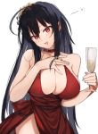  1girl ahoge azur_lane bangs bare_arms black_hair blush breasts champagne_flute choker cleavage cocktail_dress cup dress drinking_glass hair_between_eyes halter_top halterneck head_tilt highres holding holding_cup huge_breasts kasuka_(kusuki) long_hair looking_at_viewer open_mouth red_choker red_dress red_eyes side_slit sidelocks simple_background solo taihou_(azur_lane) taihou_(forbidden_feast)_(azur_lane) white_background 