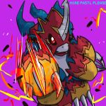  2020 armor attack black_sclera blue_body claws clothing digimon digimon_(species) fire flamedramon hi_res horn male markings pastel_please purple_background red_armor red_eyes reptile scalie signature simple_background toe_claws yellow_markings 