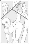  2:3 absurd_res anthro bent_over black_and_white breasts butt butt_jiggle clothing comic dododragon56 dotted_background duo female genitals hi_res humanoid kobold looking_back male male/female monochrome motion_lines navel nipples nude pattern_background penis raised_tail reptile scalie simple_background tongue undressing wiggle wiping_mouth 
