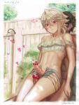  2boys abs bara blush brown_hair censored collarbone corrin_(fire_emblem) corrin_(fire_emblem)_(male) crossdressing erection fence fire_emblem fire_emblem_fates fire_emblem_heroes hair_ornament hairclip heart heart_censor highres multiple_boys outdoors pointy_ears precum red_eyes samsara_(shuukeura) short_hair shorts sweat tree white_hair yaoi 