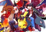  2boys absurdres baseball_cap black_hair blue_pants charizard closed_mouth dual_persona fingerless_gloves gen_1_pokemon gloves hat highres holding holding_poke_ball making-of_available multiple_boys open_mouth pants pikachu poke_ball poke_ball_(generic) pokemon pokemon_(creature) pokemon_(game) pokemon_masters pokemon_special pon_yui red_(pokemon) shoes teeth tongue v-shaped_eyebrows venusaur 