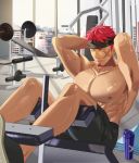  1boy absurdres arms_behind_head bara barbell black_shorts bottle day exercise facial_hair facial_scar green_eyes gyee gym headband highres indoors kyu-go looking_at_viewer male_focus musso_(gyee) pectorals pink_hair scar shorts sweat water_bottle weights window 