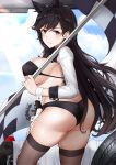  1girl absurdres animal_ears ass atago_(azur_lane) atago_(stunning_speedster)_(azur_lane) azur_lane black_hair black_legwear blue_sky blush breasts brown_eyes flag highres large_breasts long_hair looking_at_viewer race_queen simple_background sky smile solo thighhighs thighs yukiaka 