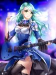  1girl aqua_hair bang_dream! black_legwear blue_skirt blurry blurry_background breasts cleavage closed_mouth commission floating_hair gigamessy green_eyes hikawa_sayo holding holding_instrument instrument long_hair long_sleeves medium_breasts miniskirt pleated_skirt shiny shiny_hair shoulder_armor sitting skirt solo spaulders thighhighs waist_cape 