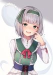  absurdres alternate_costume arm_behind_back arm_up bangs blush bow bowtie bright_pupils commentary_request eyebrows_visible_through_hair finger_to_cheek flying_sweatdrops green_eyes green_vest grey_background hair_ribbon hairband highres konpaku_youmu konpaku_youmu_(ghost) layered_skirt leaning_to_the_side lolita_fashion lolita_hairband looking_at_viewer maid_headdress open_mouth partial_commentary red_neckwear ribbon shirt silver_hair simple_background skirt standing sweet_lolita teaspoon_(teabreak_otya) touhou upper_body upper_teeth vest white_background white_pupils white_shirt white_skirt 
