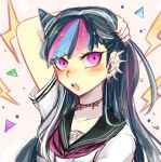  1girl arm_up bangs black_hair black_nails black_sailor_collar blush chin_piercing collarbone collared_shirt danganronpa ear_piercing eyebrows_visible_through_hair hair_bun highlights jewelry long_hair mioda_ibuki multicolored_hair nail_polish necklace open_mouth piercing pink_eyes pink_neckwear sailor_collar sailor_shirt school_uniform serafuku shiny shiny_hair shirt sk816 solo super_danganronpa_2 tying_hair upper_body white_shirt 