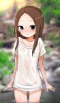  1girl absurdres bangs blurry blurry_background blush brown_eyes brown_hair closed_mouth commentary_request depth_of_field forehead highres karakai_jouzu_no_takagi-san long_hair nose_blush note2000 panties panty_pull parted_bangs pink_panties pulled_by_self shirt short_sleeves smile solo standing takagi-san underwear wading water wet wet_clothes wet_shirt white_shirt 