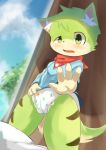  4_fingers absurd_res anthro bandanna black_nose blush clothing diaper fingers fur green_body green_eyes green_fur hi_res looking_at_viewer male mammal open_mouth outside shirt sky solo topwear tree wafflebond_(artist) young 