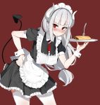  1girl absurdres alternate_costume apron black_tail blush breasts commentary_request demon_girl demon_horns demon_tail dress enmaided eyebrows_visible_through_hair food fork frilled_apron frills helltaker highres holding holding_tray horns korean_commentary leewh1515 long_hair looking_at_viewer lucifer_(helltaker) maid maid_apron maid_dress maid_headdress mole mole_under_eye pancake puffy_sleeves red_neckwear silver_hair simple_background smile solo tail thighhighs tray waist_apron white_apron white_horns wrist_cuffs 