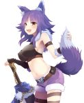  1girl :d animal_ear_fluff animal_ears arm_belt arm_strap armpits bangs bare_shoulders belt between_breasts black_shirt blush breasts brown_belt chain commentary_request covered_nipples cowboy_shot eyebrows_visible_through_hair fur-trimmed_shorts fur_trim highres holding_tail large_breasts leg_belt long_hair looking_at_viewer makoto_(princess_connect!) midriff mofu_namako navel open_mouth planted_sword planted_weapon princess_connect! princess_connect!_re:dive purple_hair purple_shorts shirt shorts sidelocks simple_background sleeveless sleeveless_shirt smile solo standing sword tail upper_teeth vambraces weapon white_background wolf_ears wolf_girl wolf_tail yellow_eyes 